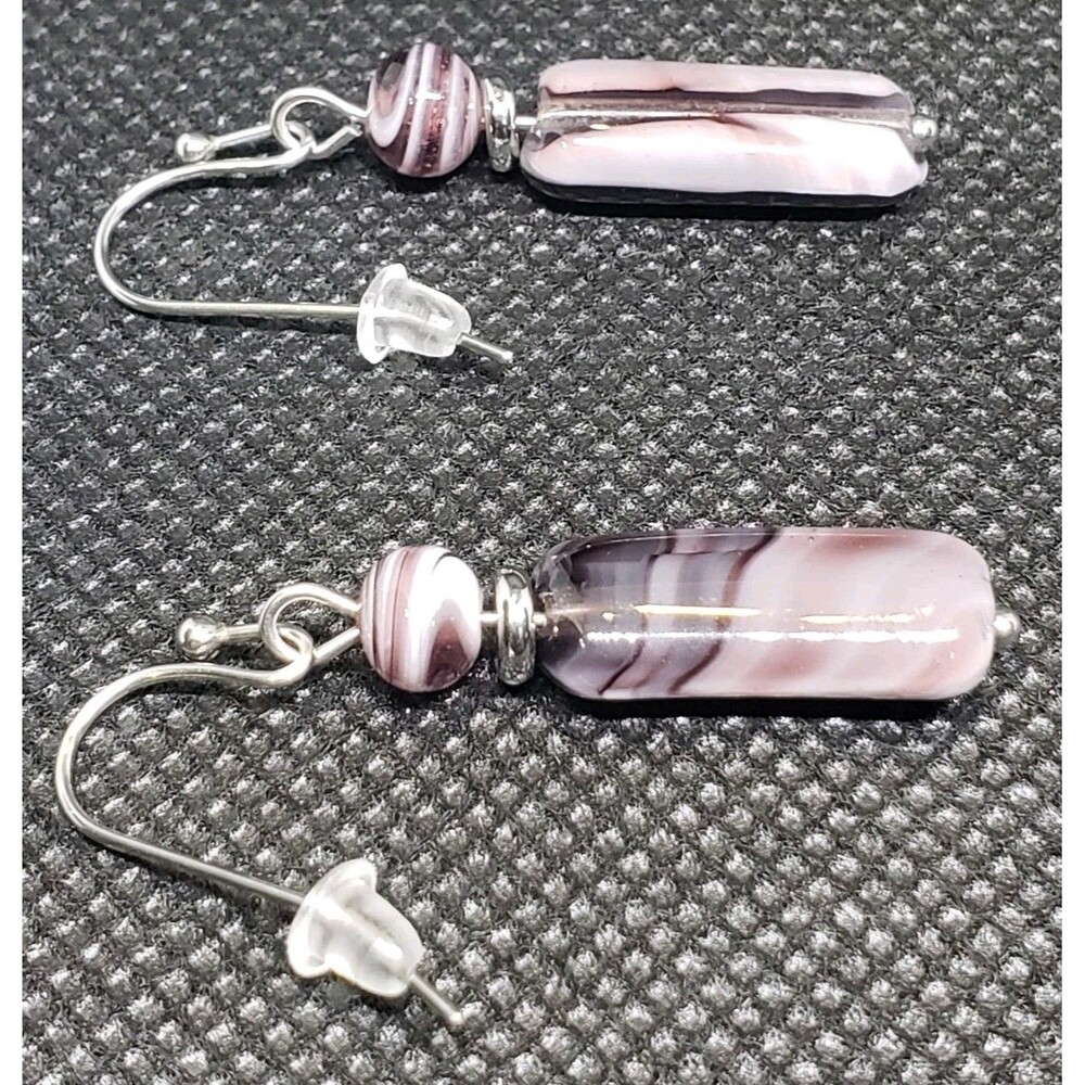 Black And Gray Costume Dangle Vintage Earrings Handmade Glass Bead Black Swirl..